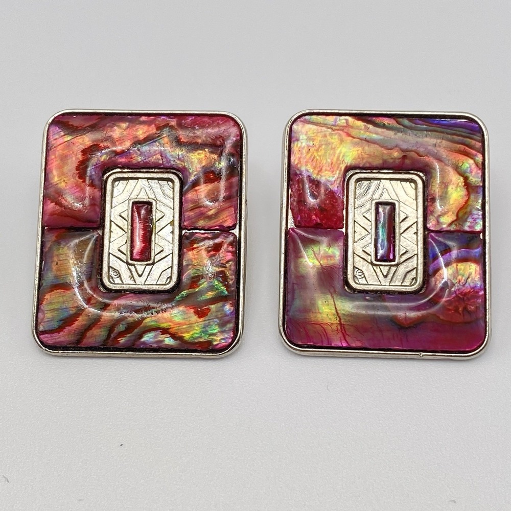 Nuri Silver Tone Stud Earrings 1980s Style Retro Boho Pink Abalone OS